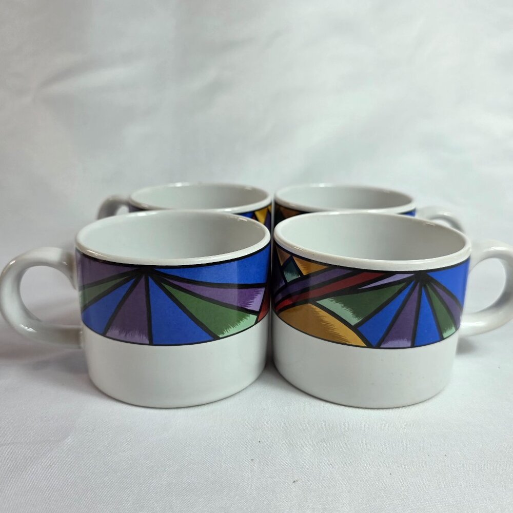 FOUR Sakura Sunset Mountain Flat Cups White with Multicolor Border